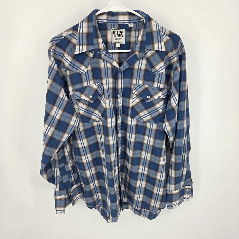 Ely Cattleman Men's Shirt Size Lrg Pearl Snap Blue Plaid Long Sleeve Top Western